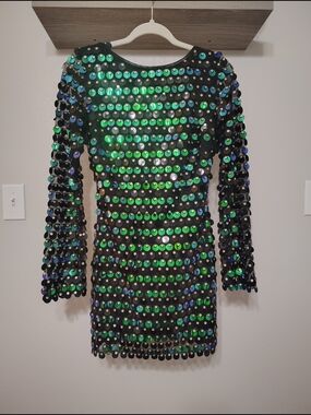 Lulu's Black Long-Sleeve Dress with Iridescent Green & Blue Sequins